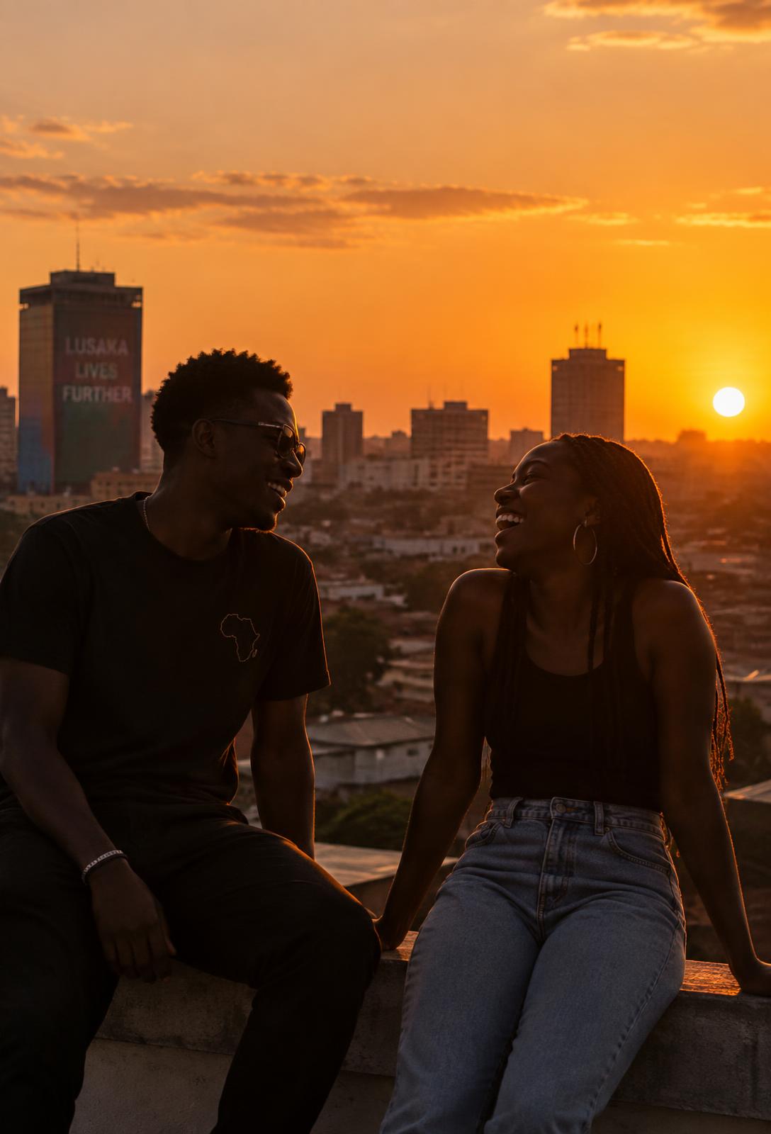 Two people laughing on a rooftop at sunset with the Lusaka skyline behind them